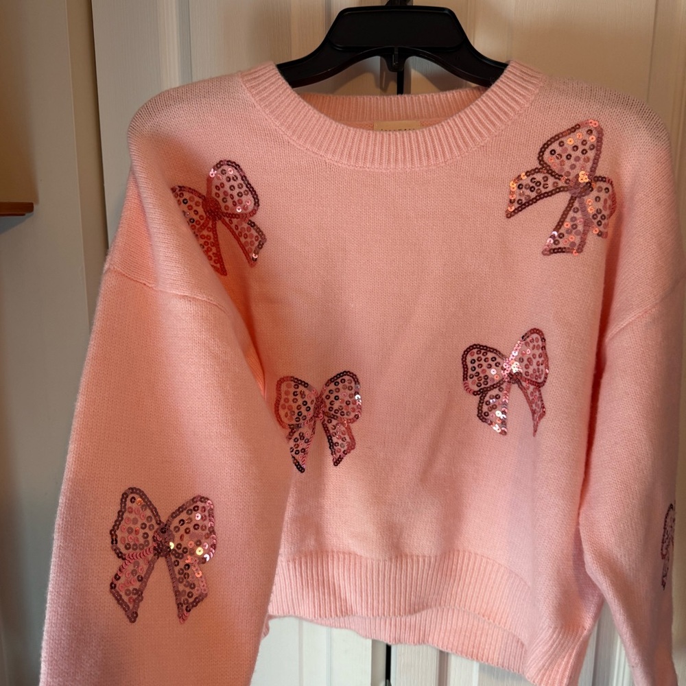 Pink Sequin Bow Crewneck Sweater
